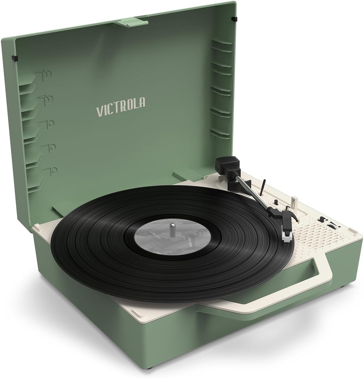 Tornamesa - Victrola Re-Spin Sustainable Suitcase Vinyl Record Player, 3-Speed (33 1/3, 45 & 78 RPM), Belt-Driven Bluetooth Turn Table with Built-in Bass Radiator, 3.5mm Headphone Jack, Basil Green