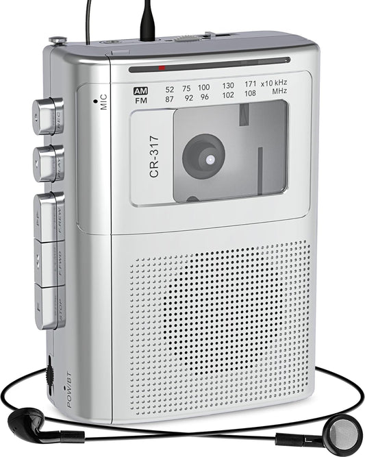 Reproductor de casete portátil con transmisor Bluetooth, reproductor de casete AM FM con conector para auriculares y altavoz grande, conector de micrófono, 2 reproductor de cinta de casete