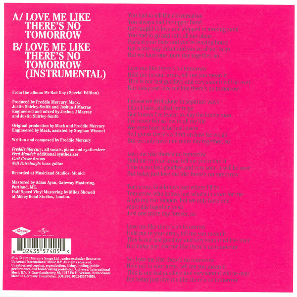 Freddie Mercury -  Love Like Theres Not Tomorrow - LP 7 Inch
